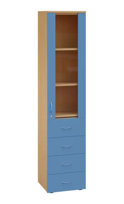 LE - 44 skříň léková prosklená, pravá, korpus javor horský, dvířka pastelově modrá